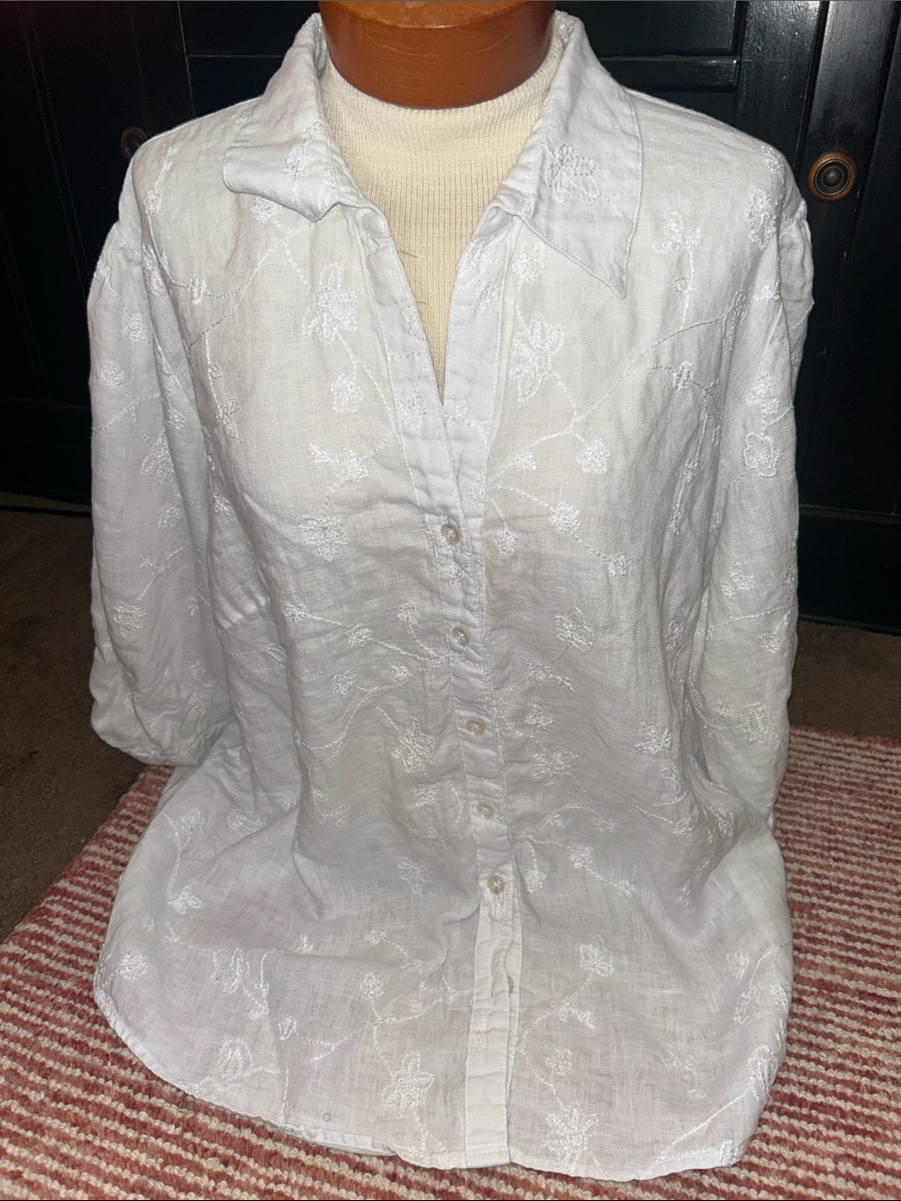 Embroidered White Button-Down Linen Blend Shirt